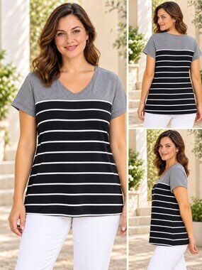 Croft & Barrow 3X Cotton V-Neck Tee Black White Striped Gray Colorblock